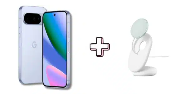 Google Pixel 10 in der Farbe Frost plus weißer Google Pixel Snap Stand