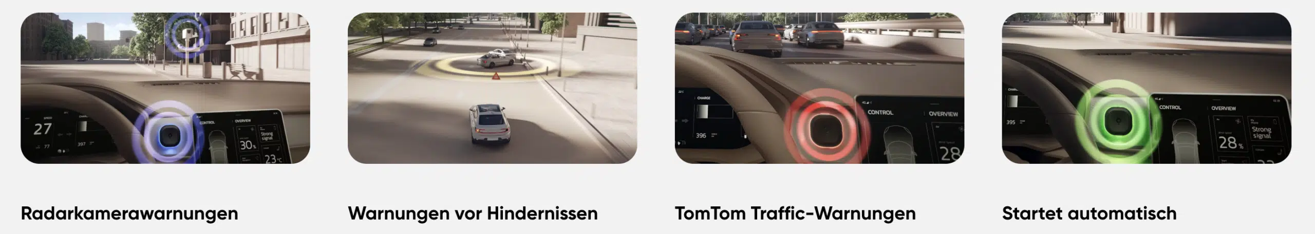 Features des Toms von TomTom: Radarkamerawarnungen, Warnungen vor Hindernissen, TomTom Traffic-Warnungen, Startet automatisch