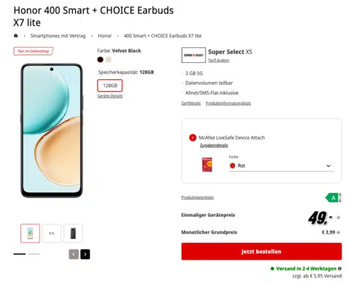 Honor 400 Smart (128GB) für 49€ + GRATIS: CHOICE Earbuds X7 lite + 3GB 5G/LTE Allnet für 3,99€/Monat