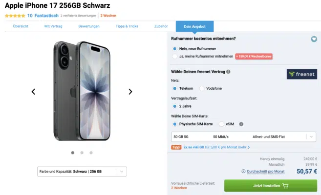 Apple iPhone 17 (256GB) für 249€ + 50GB Telekom Allnet-Flat für 39,99€/Monat