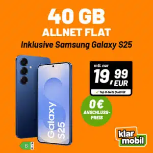Thumbnail Krass: effektiv GRATIS + 5€ Ersparnis 💥 Samsung Galaxy S25 für 99,99€ + 40GB 5G Allnet für 19,99€/Monat + 0€ AG (klarmobil Vodafone Allnet Flat)