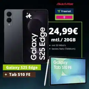 unnamed Thumbnail Tarif eff. gratis + 328€ Ersparnis 🔥 Samsung Galaxy S25 Edge (256GB) für 29€ + GRATIS: Galaxy Tab S10 FE + 20GB 5G/LTE Telekom Allnet für 24,99€/Monat + 50€ Wechselbonus (freenet Telekom Allnet)