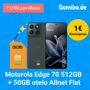 Thumbnail Tarif GRATIS + 280€ Ersparnis 💥 Motorola Edge 70 (512GB) für 1€ + 50GB 5G/LTE Vodafone Allnet für 19,99€/Monat + fettes Zubehörpaket + 20€ CB (otelo Allnet-Flat Classic)