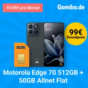Thumbnail Tarif GRATIS + 438€ Ersparnis 💥 Motorola Edge 70 (512GB) für 99€ + 50GB 5G/LTE Vodafone Allnet für 19,99€/Monat + fettes Zubehörpaket (otelo Allnet-Flat Classic)