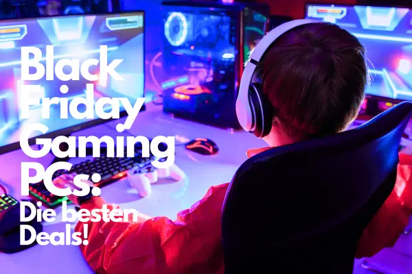 Black Friday Gaming PCs: Gamer mit Kopfhörer am Schreibtisch for Bildschirm und Tastatur