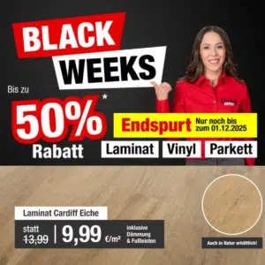 Thumbnail Laminat Depot Black Weeks: Laminat-, Vinyl-, Bio- &amp; Parkettböden reduziert ✅ Gratis Dämmung + Fußleisten immer GRATIS dazu