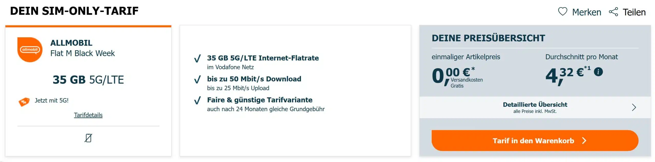 LogiTel Seite mit einer 35GB Vodafone Allnet-Flat mit ihren Konditionen