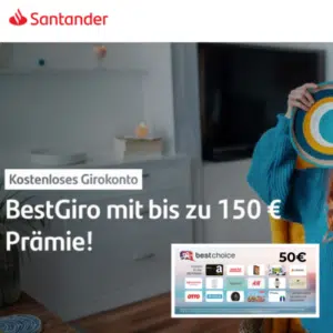 Thumbnail Santander BestGiro: Kostenloses Girokonto mit 150€ Prämie + 50€ Bonus