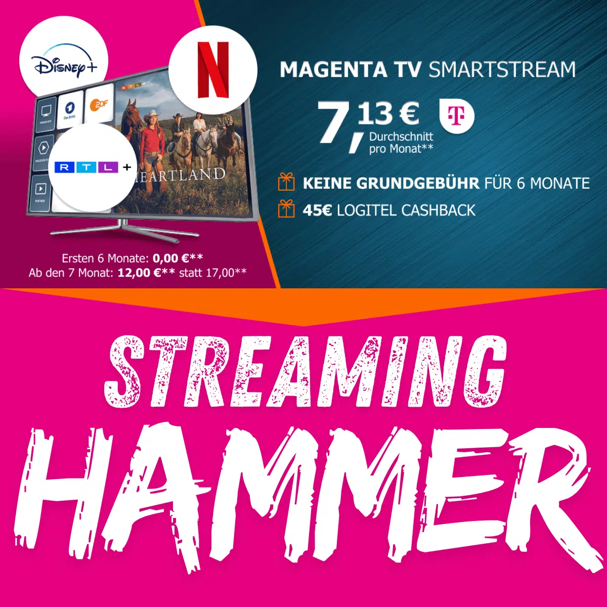 MagentaTV SmartStream inkl. Netflix, Disney+ & RTL+ für eff. 7,13€