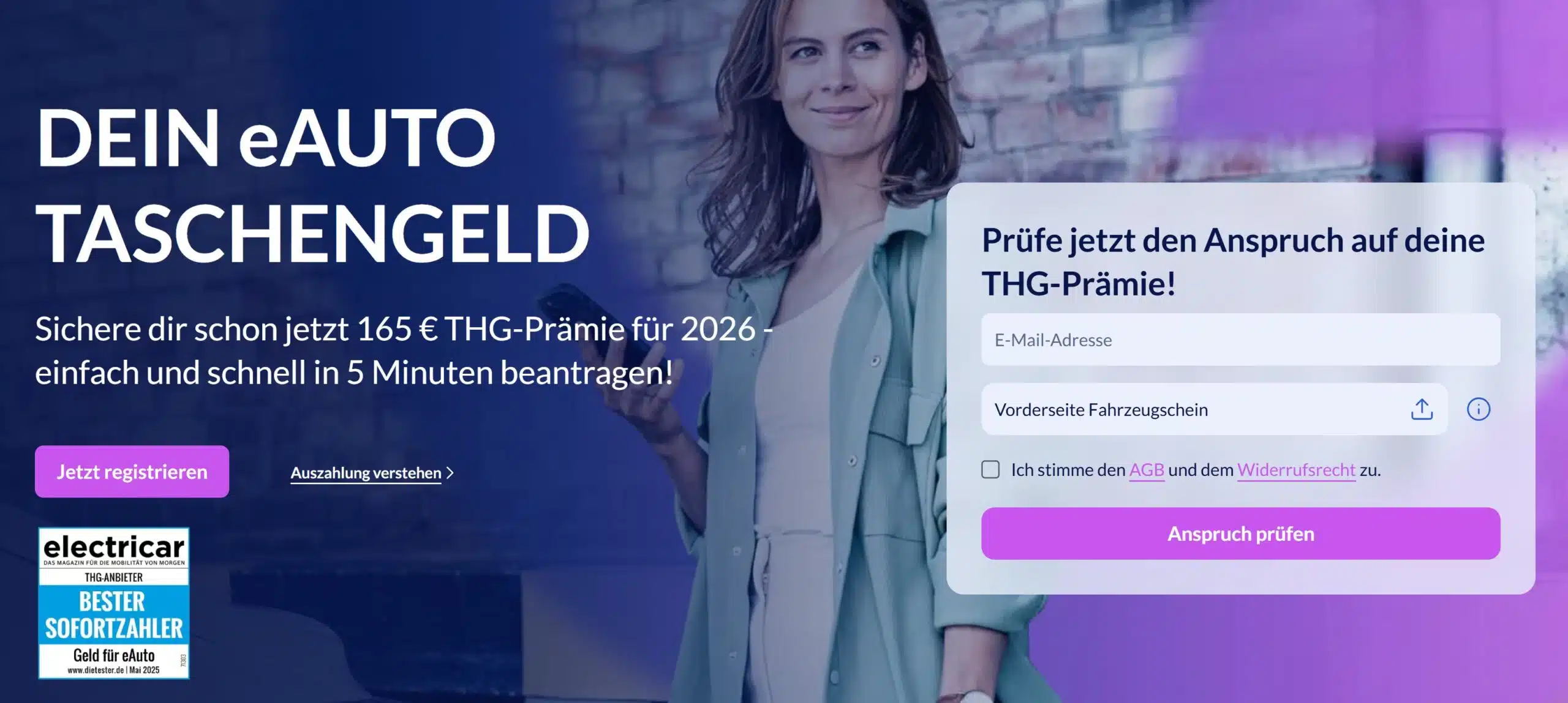 Startseite von Geld für eAuto, wo man 165€ THG-Prämie für sein E-Auto beantragen kann.