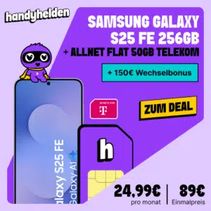Thumbnail Eff. GRATIS: Samsung Galaxy S25 FE 128GB für 29€ / 256GB für 89€ + 50GB LTE/5G Allnet für 24,99€/Monat + 150€ Wechselbonus (freenet Telekom)