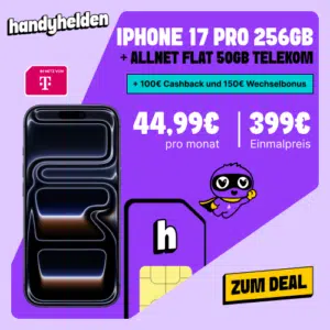 Thumbnail Apple iPhone 17 Pro (256GB) für 399€ + 50GB 5G/LTE Telekom Allnet für 44,99€/Monat + 100€ Cashback + 150€ Wechselbonus (freenet Telekom Allnet)