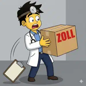 Erschrockener Doc, der auf ein Paket vom Zoll schaut