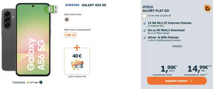 Samsung Galaxy A56 (128GB) für 1€ + 15GB 5G/LTE Vodafone Allnet