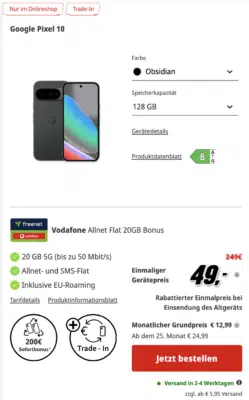 Google Pixel 10 (128GB) + 20 GB Vodafone 5G/LTE Allnet