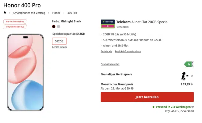 Honor 400 Pro (512GB) für 1€ + 20GB LTE/5G Allnet für 19,99€/Monat + 50€ Wechselbonus