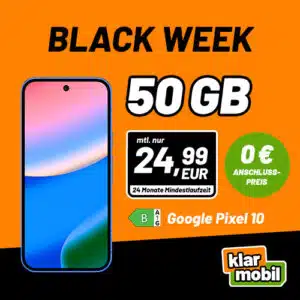 klarmobil Google Pixel 10 Black Week Angebot mit 50GB Allnet für 24,99€ - quadratische Grafik
