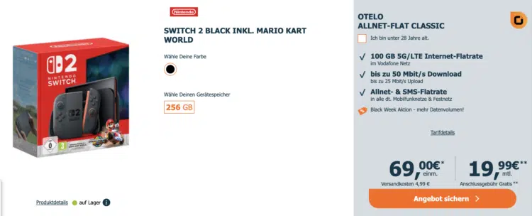Nintendo Switch 2 Mario Kart Edition für 69€ + 100GB 5G/LTE otelo Allnet