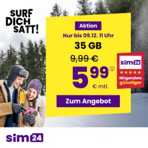 Thumbnail mtl. kündbare 5G Allnet mit 15GB für 4,49€/Monat 💪 bei 24 Monaten &amp; 15GB: 2 Gratismonate 📲 weitere Tarife auch möglich, z.B. 10GB für 3,99€/Monat (SIM24 im 1&amp;1-Netz)