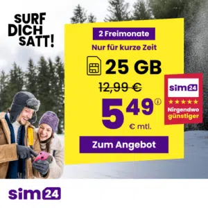 Thumbnail mtl. kündbare 5G Allnet mit 25GB für 5,49€/Monat + 2 Freimonate 💪 uvm. (SIM24 im 1&amp;1-Netz)