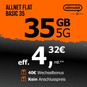 Thumbnail 35GB 5G/LTE Vodafone Allnet dauerhaft nur 5,99€/Monat + 40€ Wechselbonus (allmobil Flat M)
