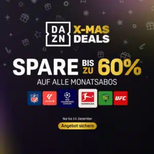 Thumbnail ⚽️ DAZN X-MAS Deals: Monats- und Jahresabos 👉 Super Sports für 9,99€ mtl. | Unlimited für 29,99€ mtl. | Unlimited Plus für 44,99€ mtl.
