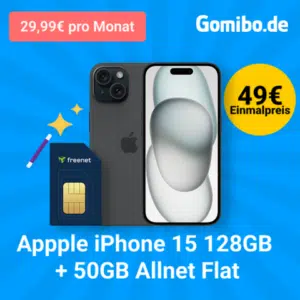 Thumbnail Eff. GRATIS: Apple iPhone 15 (128GB) für 49€ + 50GB 5G/LTE Allnet für 29,99€/Monat + 150€ Wechselbonus (freenet Telekom)