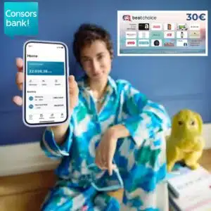 Frau mit Handy, oben links Consorsbank Logo, oben rechts 30€ Bestchoice-Gutschein