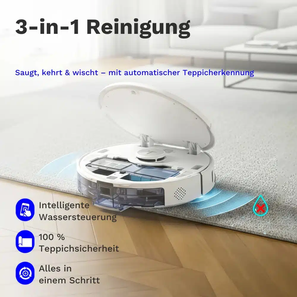 3-in-1-Reinigung vom Trevor S8 Max Saug- und Wischroboter mit automatischer Teppicherkennung