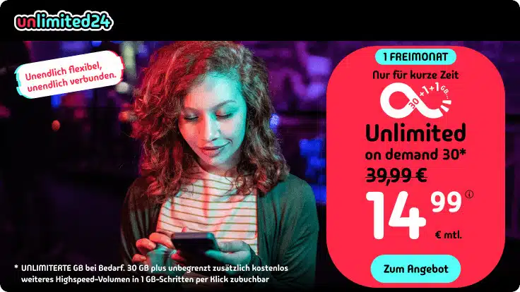 Tarif-Angebot von unlimited24 mit dem Tarif Unlimited on Demand 30