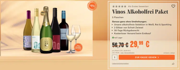 Vinos Null Prozent Paket mit 5 Flaschen alkoholfreiem Wein