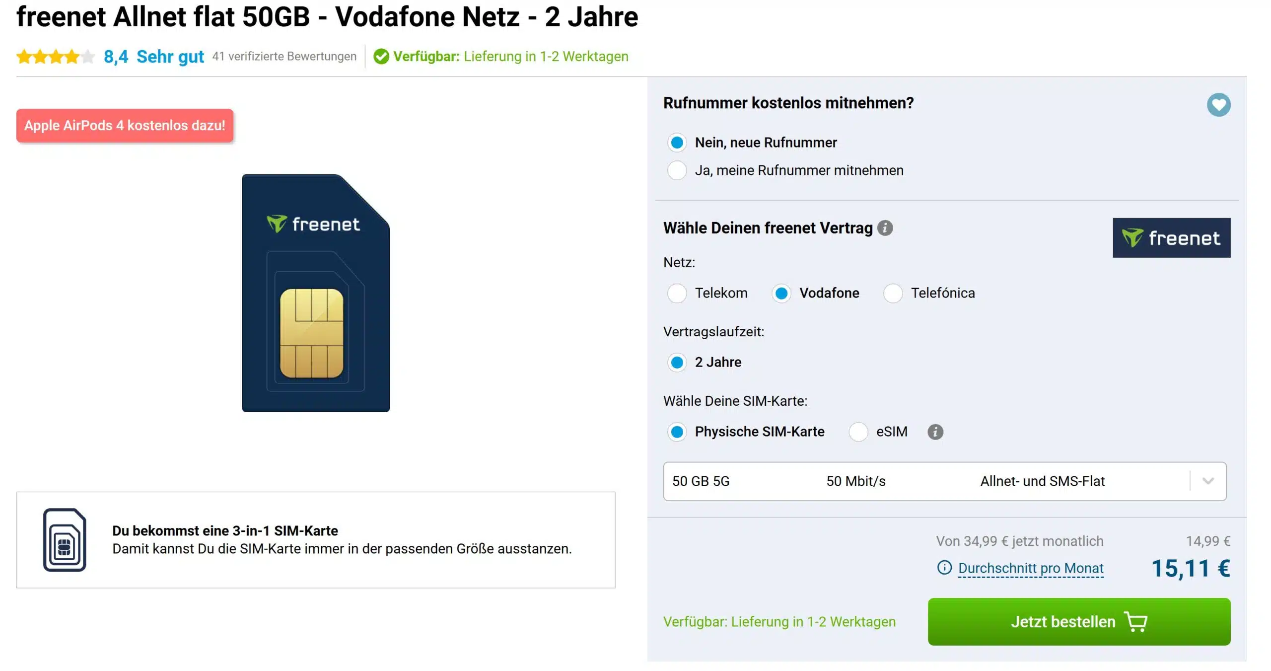 freenet Allnet flat 50GB - Vodafone Netz - 2 Jahre Angebot bei Gomibo