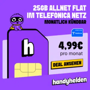 Thumbnail Handyhelden packt wieder einen aus 🔥 25GB Allnet Flat im Telefónica-Netz für nur 4,99€/Monat ✅ monatlich kündbar + Preis bleibt für immer!