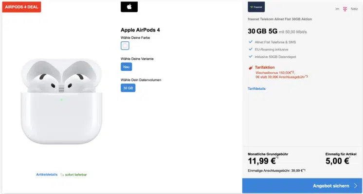 Apple AirPods 4 + 30GB Telekom Allnet 5G Flat