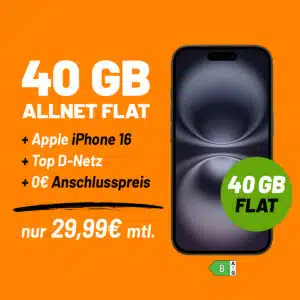 Thumbnail Apple iPhone 16 (128GB) für 79,99€ + 40GB 5G Allnet für 29,99€/Monat + 0€ AG (klarmobil Vodafone Allnet Flat) 🚀