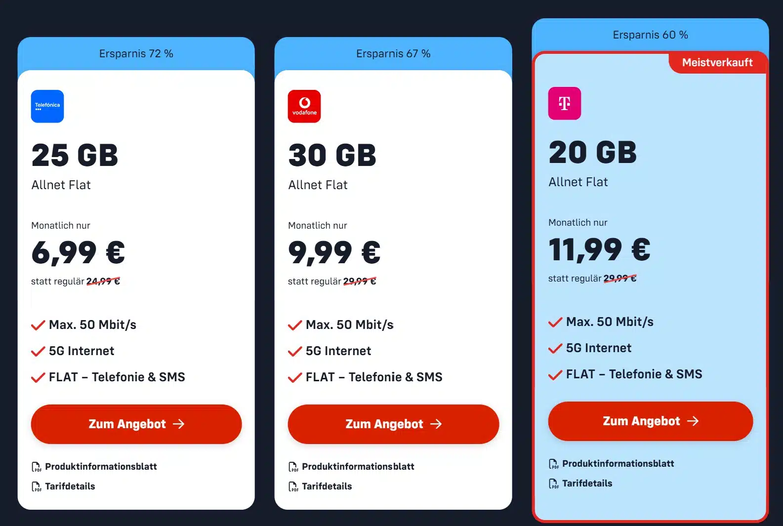 Die drei Tarife von mobilfunk.de nebeneinander