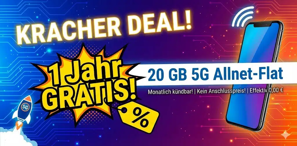 Kracher Deal - 1 Jahr gratis 20 GB 5G Allnet-Flat bei Sparhandy