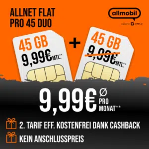 Thumbnail 😍 Allmobil Flat Pro 45GB 5G/LTE Duo eff. 9,99€ - durch Cashback 1 Tarif kostenlos