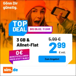 Thumbnail 5G/LTE Handy Allnets 📲 3GB für 2,99€ &amp; weitere Tarife ⏰ nur für kurze Zeit (sim.de im 1&amp;1-Netz)
