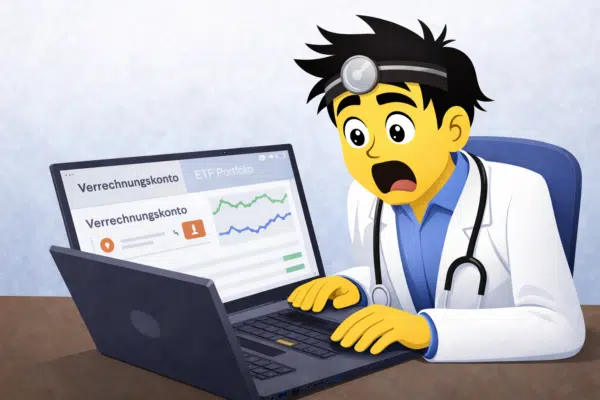 ETF Vorabpauschale: über die Abbuchung erstaunter Anleger vor dem Computer beim Blick aufs Verrechnungskonto