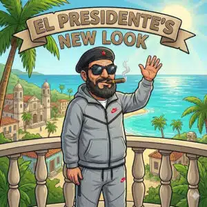 El Presidente mit einem grauen Nike-Anzug und Zigarre auf einer Veranda am Strand