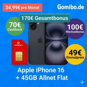 Thumbnail Nur heute 🍏 Apple iPhone 16 für 49€ im 45GB 5G Vodafone-Netz für 34,99€ mtl. ➡️ dank GigaKombi sogar effektiv GRATIS (dann nur 29,99€ mtl.)!