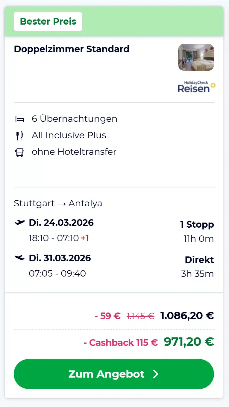 Angebot bei Holidaycheck für eine Reise nach Antalya