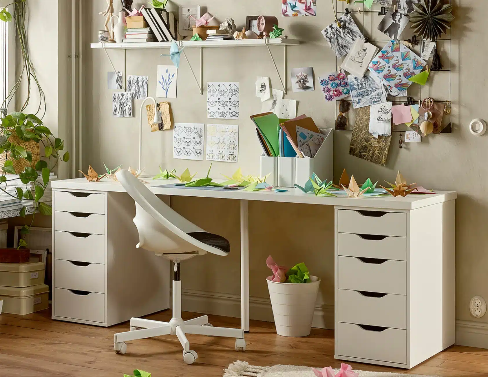 IKEA Alex Schubladen mit Schreibtisch in überladen dekoriertem Zimmer