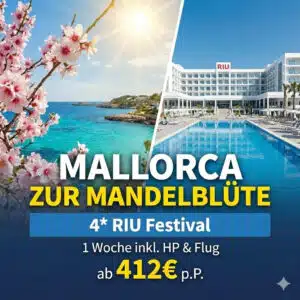 Blühende Mandelbäume auf Mallorca vor blauem Meer und Himmel – Reiseangebot für das Hotel Riu Festival ab 412€ pro Person