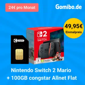Thumbnail 🎮 Nintendo Switch 2 Mario Kart Edition für 49,95€ + 100GB 5G/LTE Congstar Allnet für 24€/Monat + 10€ Wechselbonus (Congstar Allnet Flat M)