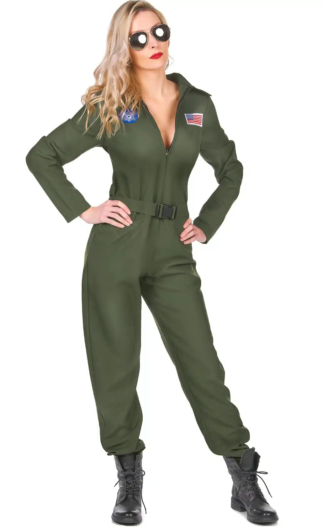 Blonde Frau mit einem Piloten-Kostüm