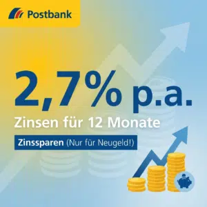 Thumbnail 🏦 Postbank Zinssparen: 2,7% p.a. Festzins für 12 Monate (ab 2.500€)