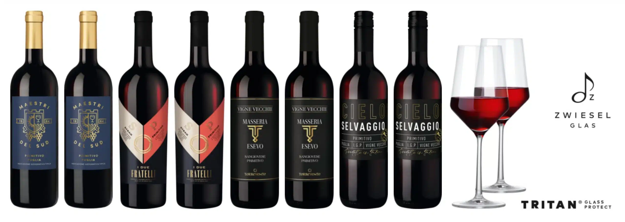 8 Flaschen Primitivo Wein + zwei Zwiesel Gläser