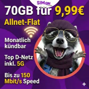 Thumbnail 🦝 SIMon mobile Winter Wonder Deals noch besser mit Code: mtl. kündbare 70GB 5G Vodafone Allnet ab 9,99€ mtl. ❄️ 150 Mbit/s Speed